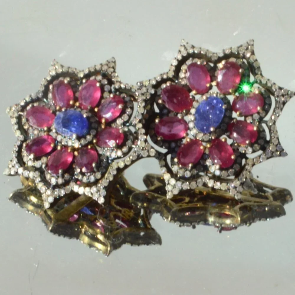 Genuine Ruby Sapphire Pave Diamond Gold Vermeil Sterling Silver 925 Earrings